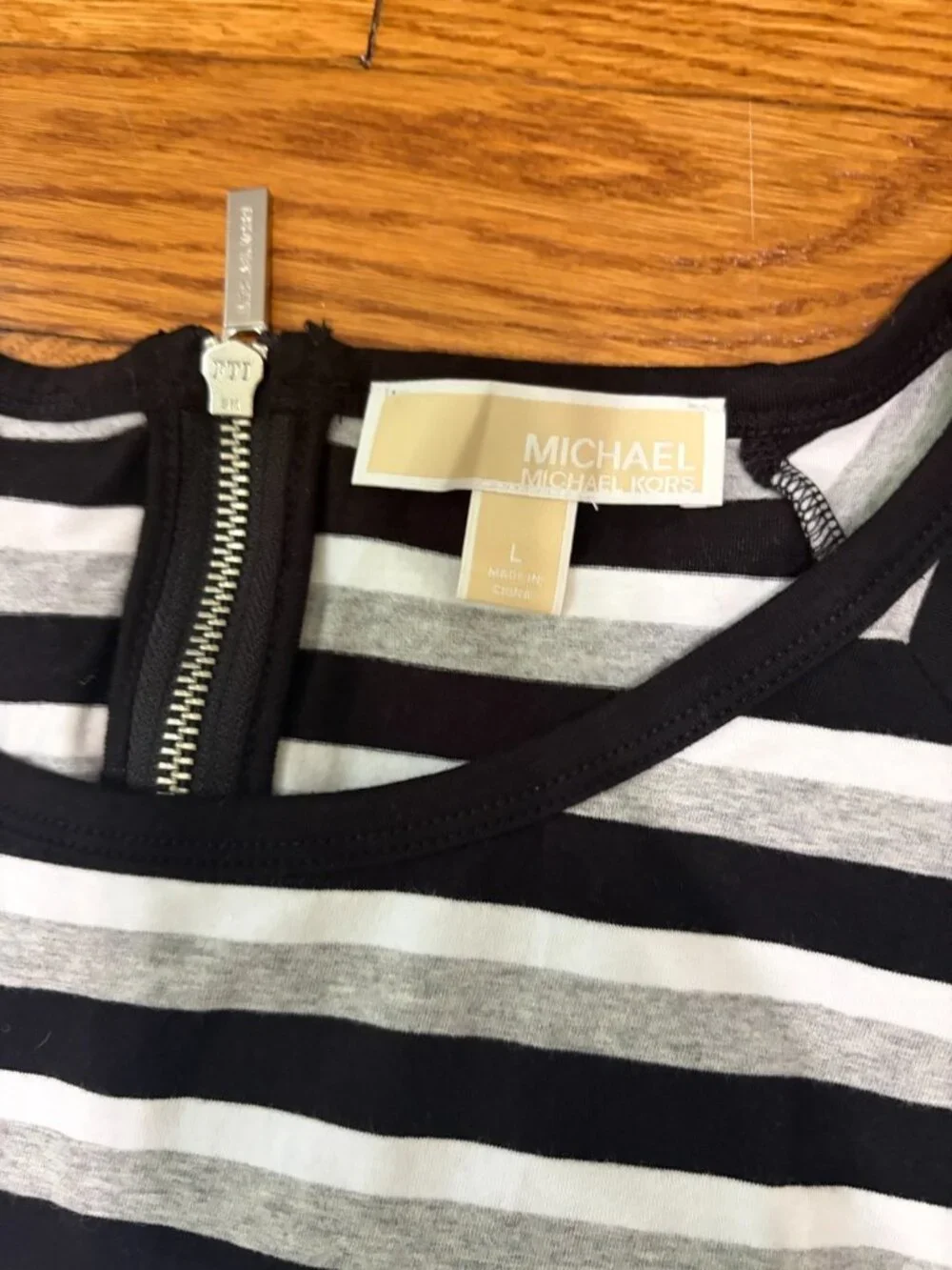 Michael Kors Womens Shirt Dress Sz Large Black Gray White Striped Cotton @ Knee